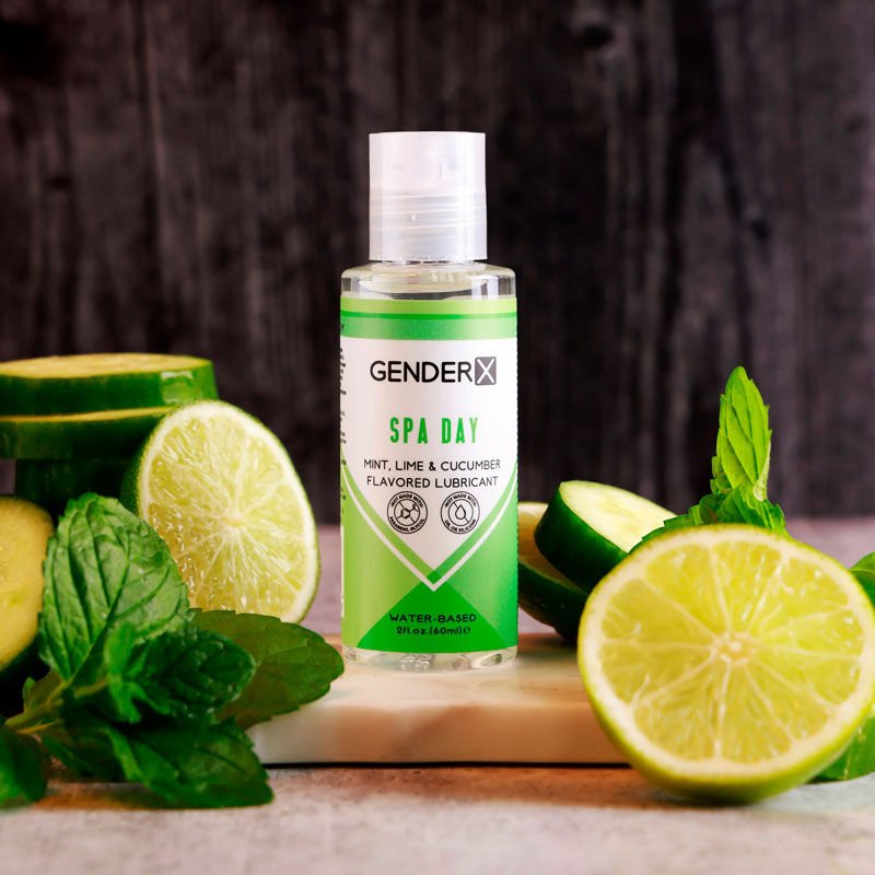 Gender x - spa day - flavored water-based lubricant - 60 ml - Product front view, with cucumber  | Flirtybay.com.au